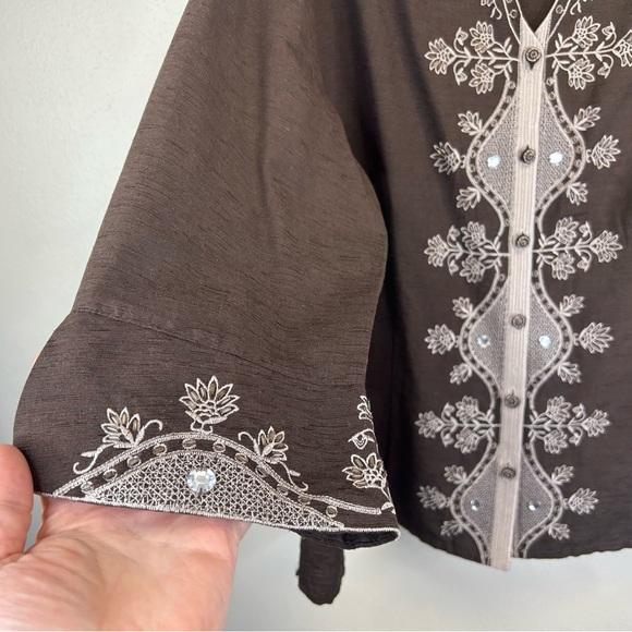 SilkLand 100% Silk 2X Brown Cream Tunic Embroidery Beading Boho Natural Elegant - Picture 8 of 13